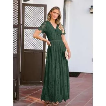 MEROKEETY Women's 2024 V Neck Short Sleeve Floral Lace Wedding Dress Bridesmaid Cocktail Party Maxi Dress, DarkGreen, Large