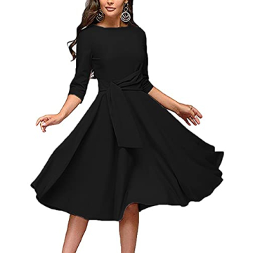 FENJAR Women's Elegance Audrey Hepburn Style Ruched Midi A-line Dress in Black