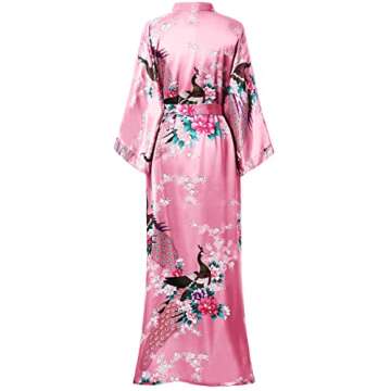BABEYOND Women's Kimono Robe Long Satin Silky Robes with Peacock and Blossoms Printed Kimono Nightgown