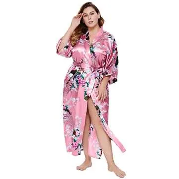 BABEYOND Women's Kimono Robe Long Satin Silky Robes with Peacock and Blossoms Printed Kimono Nightgown