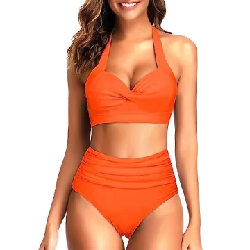 Tempt Me Women's Vintage Swimsuits Orange Retro Halter Ruched High Waist Bikini with Bottom M