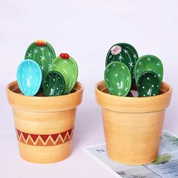 Kelendle Ceramic Cactus Measuring Spoons with Holder Set of 5 Baking Measuring Spoons for Wet & Dry ...