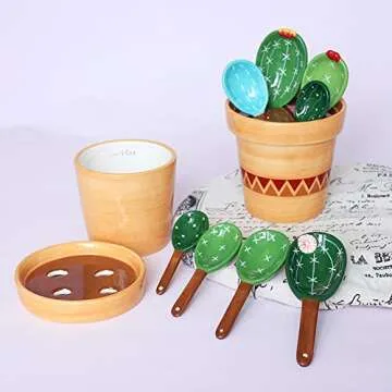 Kelendle Ceramic Cactus Measuring Spoons with Holder Set of 5 Baking Measuring Spoons for Wet & Dry Ingredients Cactus Figurine Dishwasher Safe Mixed Colors 1 Tbsp 1 TSP 1/2 TSP 1/4 TSP 1 Cup Yellow