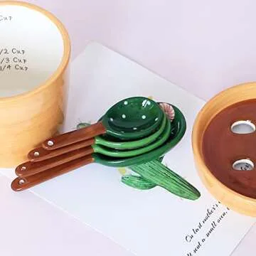 Kelendle Ceramic Cactus Measuring Spoons with Holder Set of 5 Baking Measuring Spoons for Wet & Dry Ingredients Cactus Figurine Dishwasher Safe Mixed Colors 1 Tbsp 1 TSP 1/2 TSP 1/4 TSP 1 Cup Yellow