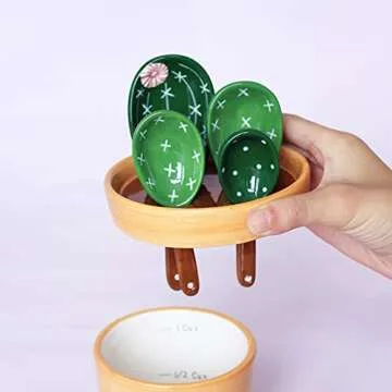 Kelendle Ceramic Cactus Measuring Spoons with Holder Set of 5 Baking Measuring Spoons for Wet & Dry Ingredients Cactus Figurine Dishwasher Safe Mixed Colors 1 Tbsp 1 TSP 1/2 TSP 1/4 TSP 1 Cup Yellow