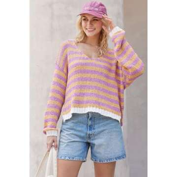 Women's V Neck Long Sleeve Sweaters 2024 Fall Oversized Striped Color Block Drop Shoulder Knit Side ...