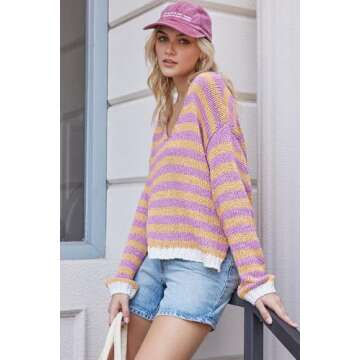 Women's V Neck Long Sleeve Sweaters 2024 Fall Oversized Striped Color Block Drop Shoulder Knit Side Slit Pullover Tops Yellow