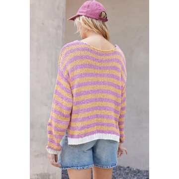 Women's V Neck Long Sleeve Sweaters 2024 Fall Oversized Striped Color Block Drop Shoulder Knit Side Slit Pullover Tops Yellow