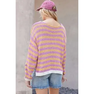 Women's V Neck Long Sleeve Sweaters 2024 Fall Oversized Striped Color Block Drop Shoulder Knit Side Slit Pullover Tops Yellow