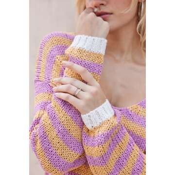 Women's V Neck Long Sleeve Sweaters 2024 Fall Oversized Striped Color Block Drop Shoulder Knit Side Slit Pullover Tops Yellow