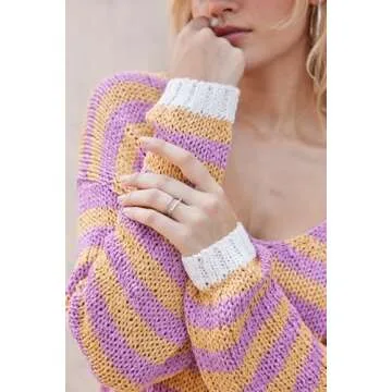 Women's V Neck Long Sleeve Sweaters 2024 Fall Oversized Striped Color Block Drop Shoulder Knit Side Slit Pullover Tops Yellow