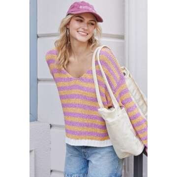 Women's V Neck Long Sleeve Sweaters 2024 Fall Oversized Striped Color Block Drop Shoulder Knit Side Slit Pullover Tops Yellow