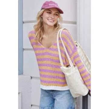Women's V Neck Long Sleeve Sweaters 2024 Fall Oversized Striped Color Block Drop Shoulder Knit Side Slit Pullover Tops Yellow