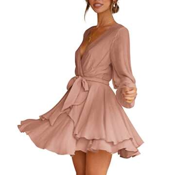 Cosonsen Womens Evening Dresses Deep V-Neck Tie Waist Ruffled Elegant Skater Dress Camel S