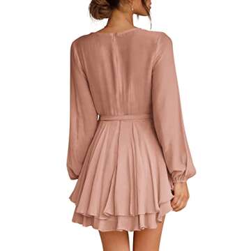 Cosonsen Womens Evening Dresses Deep V-Neck Tie Waist Ruffled Elegant Skater Dress Camel S