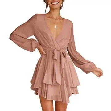 Cosonsen Womens Evening Dresses Deep V-Neck Tie Waist Ruffled Elegant Skater Dress Camel S