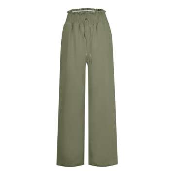TYISZIL Resort wear for Women 2024 Flowy Beach Pants Wide Leg Linen Pants for Women Elastic Drawstring Waist Loose Casual Lounge Trousers Summer Beach Boho Resort Wear(Green,M)