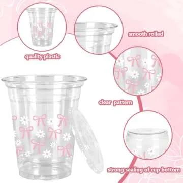 JarThenaAMCS 50 Pcs Pink Bow Plastic Cups with Lids and Straws Pink Bow Daisy Clear Plastic Cups 12 oz Disposable Cups for Valentine's Day Birthday Wedding Party Supplies