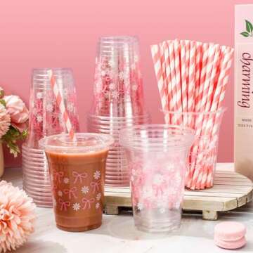 JarThenaAMCS 50 Pcs Pink Bow Plastic Cups with Lids and Straws Pink Bow Daisy Clear Plastic Cups 12 oz Disposable Cups for Valentine's Day Birthday Wedding Party Supplies