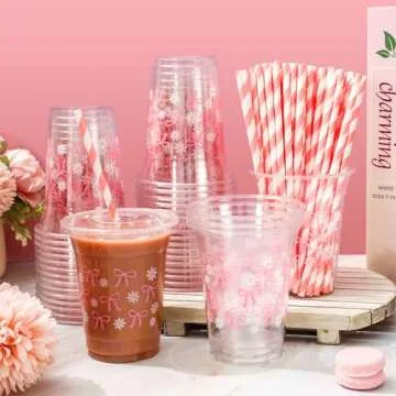 JarThenaAMCS 50 Pcs Pink Bow Plastic Cups with Lids and Straws Pink Bow Daisy Clear Plastic Cups 12 oz Disposable Cups for Valentine's Day Birthday Wedding Party Supplies