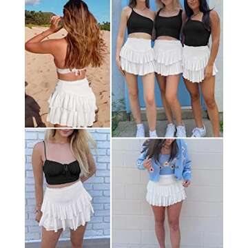 HOKOYI Women's Summer Cute High Waist Smocked Ruffle Skirt Flowy Layered Mini Skirt Skort Beach Casual WH M White
