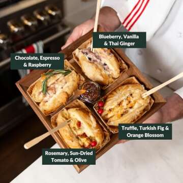 Boarderie Baked Brie Charcuterie Board Accessory with Food, Cheese Board Set, Charcuterie Boards Set, 4 Handmade Ready to Bake Puff Pastries with Assorted Flavors, Cheese Tray, Cheese Platter