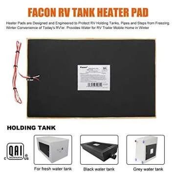 Facon RV Tank Heater Pads with Thermostat, 12" x 18", 13.5V DC, QAI Certified, Prevents Freezing for Fresh, Grey. Black Water Tanks, 50 Gallon Capacity, Easy Installation, Energy Efficient