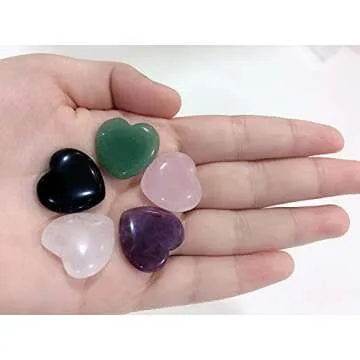 YATOJUZI 5PCS Natural Heart Healing Crystals Rose Quartz Amethyst Heart Love Stones Set Bulk Polished Pocket Palm Thumb Gemstones Chakra Reiki Balancing
