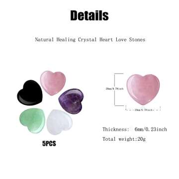 YATOJUZI 5PCS Natural Heart Healing Crystals Rose Quartz Amethyst Heart Love Stones Set Bulk Polished Pocket Palm Thumb Gemstones Chakra Reiki Balancing