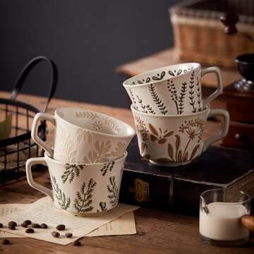 Swuut 12oz Rustic Ceramic Coffee Mug Set of 4 - Handmade Pottery Countryside Coffee Mugs with Big Ha...