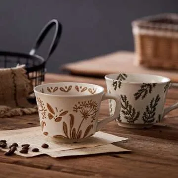 Swuut 12oz Rustic Ceramic Coffee Mug Set of 4 - Handmade Pottery Countryside Coffee Mugs with Big Handle for Latte,Tea,Milk,Hot Cocoa,Dishwasher & Microwave Safe(Plants)