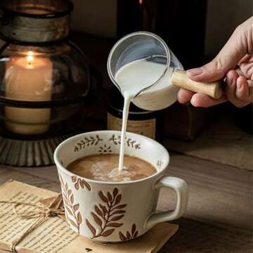 Swuut 12oz Rustic Ceramic Coffee Mug Set of 4 - Handmade Pottery Countryside Coffee Mugs with Big Handle for Latte,Tea,Milk,Hot Cocoa,Dishwasher & Microwave Safe(Plants)