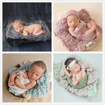 Coberllus Newborn Baby Photo Props Blanket Handmade Knitted Twist Wrap Posing Aid Backdrops for Boy Girls Photography Shoot (Creamy-Grey)