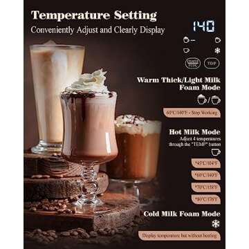 Nuovoware 4 in 1 Milk Frother and Steamer with Temperature Control Display Screen, Electric Automatic Frother for Hot Chocolate Milk, Cappuccinos, Latte, Macchiato, Black