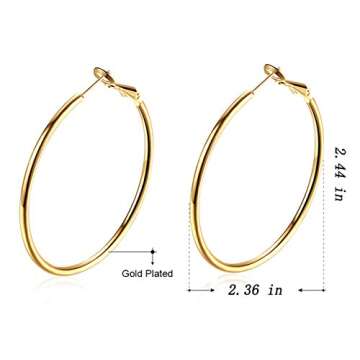18K Gold Plated Polished Round Hoop Earrings For Women Diameter 60mm