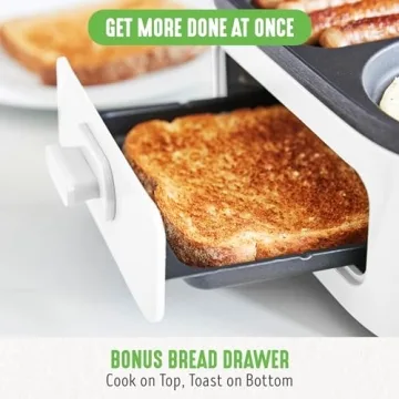 GreenLife 3-in-1 Breakfast Maker Station, Healthy Ceramic Nonstick Dual Griddles for Eggs Meat Sausage Bacon Pancakes and Breakfast Sandwiches, 2 Slice Toast Drawer, Easy-to-use Timer, White