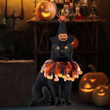 2 Pcs Cat Halloween Witch Costume Suit - Pet Witch Pumpkin Hat and Tutu Collar, Cute Cat Outfit for Cats and Small Dogs