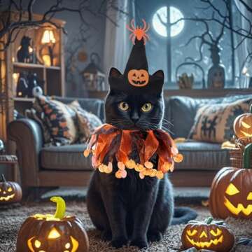 2 Pcs Cat Halloween Witch Costume Suit - Pet Witch Pumpkin Hat and Tutu Collar, Cute Cat Outfit for Cats and Small Dogs