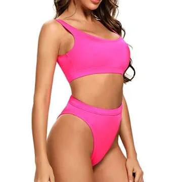 Dixperfect Two Pieces Bikini Sets Swimsuit Sports Style Low Scoop Crop Top High Waisted High Cut Cheeky Bottom (L, Pink)