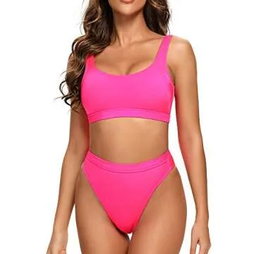 Dixperfect Two Pieces Bikini Sets Swimsuit Sports Style Low Scoop Crop Top High Waisted High Cut Cheeky Bottom (L, Pink)