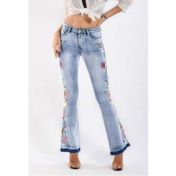 Stylish Floral Bell Bottom High-Rise Jeans for Women