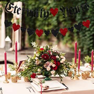 Whaline Gothic Letter Eternally Yours Banner 2Pcs Red Black Glitter Heart Paper Banner Garland Sign Celebration Hanging Decorations for Valentines Day Wedding Anniversary Party Supplies Gothic Decor
