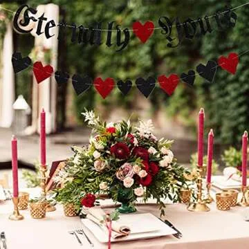 Whaline Gothic Letter Eternally Yours Banner 2Pcs Red Black Glitter Heart Paper Banner Garland Sign Celebration Hanging Decorations for Valentines Day Wedding Anniversary Party Supplies Gothic Decor