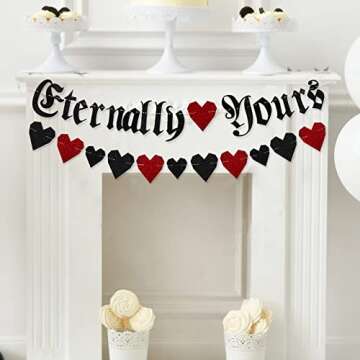 Whaline Gothic Letter Eternally Yours Banner 2Pcs Red Black Glitter Heart Paper Banner Garland Sign Celebration Hanging Decorations for Valentines Day Wedding Anniversary Party Supplies Gothic Decor