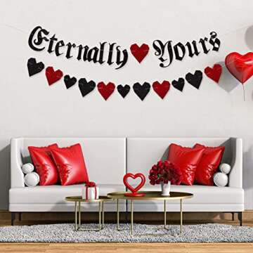 Whaline Gothic Letter Eternally Yours Banner 2Pcs Red Black Glitter Heart Paper Banner Garland Sign Celebration Hanging Decorations for Valentines Day Wedding Anniversary Party Supplies Gothic Decor