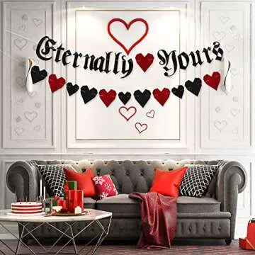 Whaline Gothic Letter Eternally Yours Banner 2Pcs Red Black Glitter Heart Paper Banner Garland Sign Celebration Hanging Decorations for Valentines Day Wedding Anniversary Party Supplies Gothic Decor