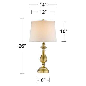 Regency Hill Fairlee Traditional Candlestick Style Table Lamps 26" High Set of 2 Antique Brass Gold White Fabric Drum Shade Decor for Living Room Bedroom House Bedside Nightstand Home Office