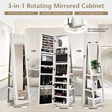 COSTWAY 360 Rotating Jewelry Armoire - Elegant Storage & Full Length Mirror for Jewelry Organization