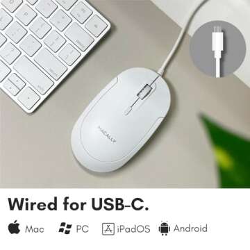 Macally Wired USB C Mouse for Mac and PC - Slim, Quiet, and Reliable - 3 Button Layout, Scroll Wheel, and 4 DPI Mode (800/1200/1600/2400) Type C Mouse for MacBook Pro/Air, iMac, Laptop