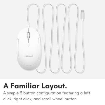 Macally Wired USB C Mouse for Mac and PC - Slim, Quiet, and Reliable - 3 Button Layout, Scroll Wheel, and 4 DPI Mode (800/1200/1600/2400) Type C Mouse for MacBook Pro/Air, iMac, Laptop
